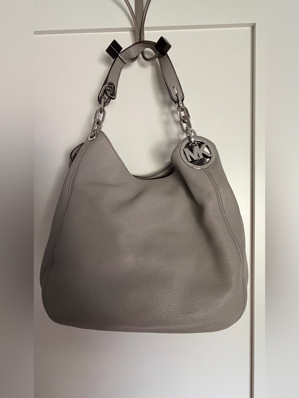 Michael Kors Fulton Gray/Taupe Pebbled Leather Hobo with MK Charm, Like New
